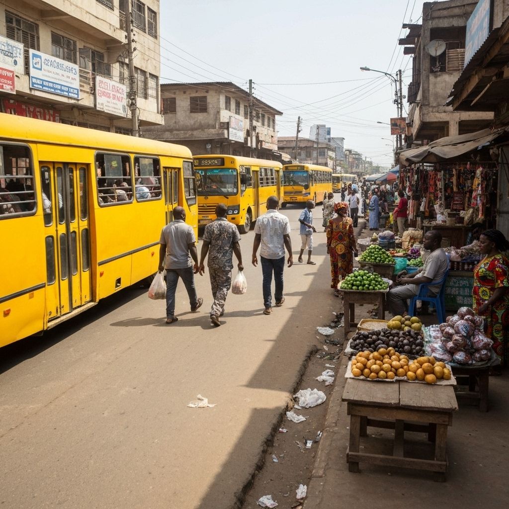 Busy Lagos street scene with danfo buses and market stalls
