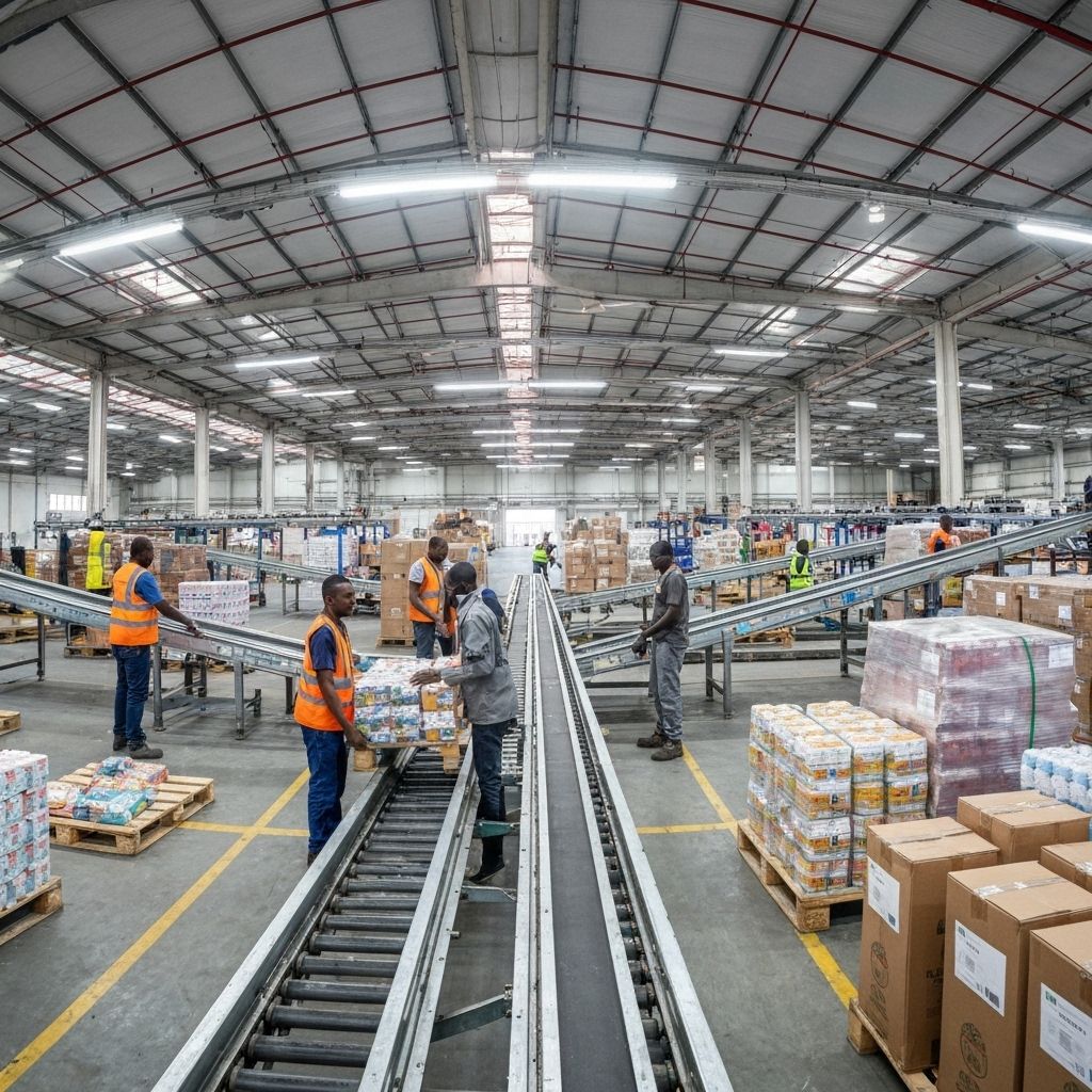 Nigerian logistics warehouse with workers organizing cargo and inventory
